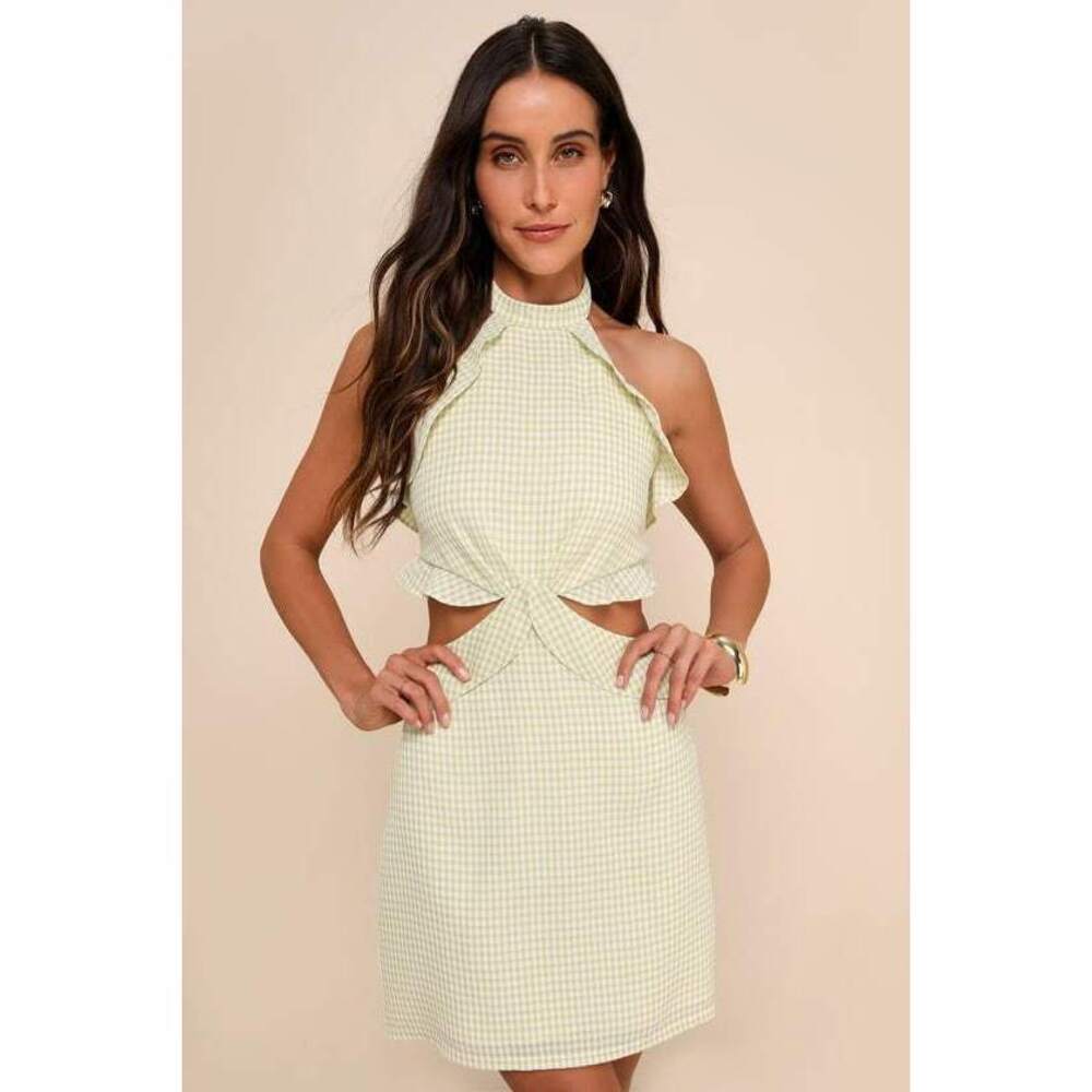Lulus Admirable Muse Green And White Gingham Ruffled Cutout Mini Dress - Size S